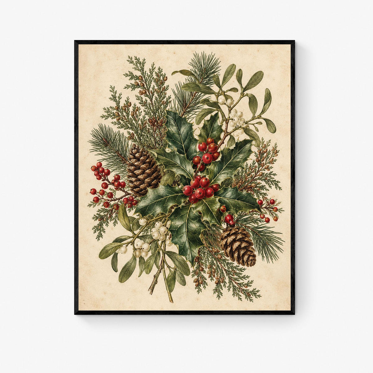Christmas Botanical Art Print, Vintage Mistletoe Holiday Wall Artwork, Home Decor