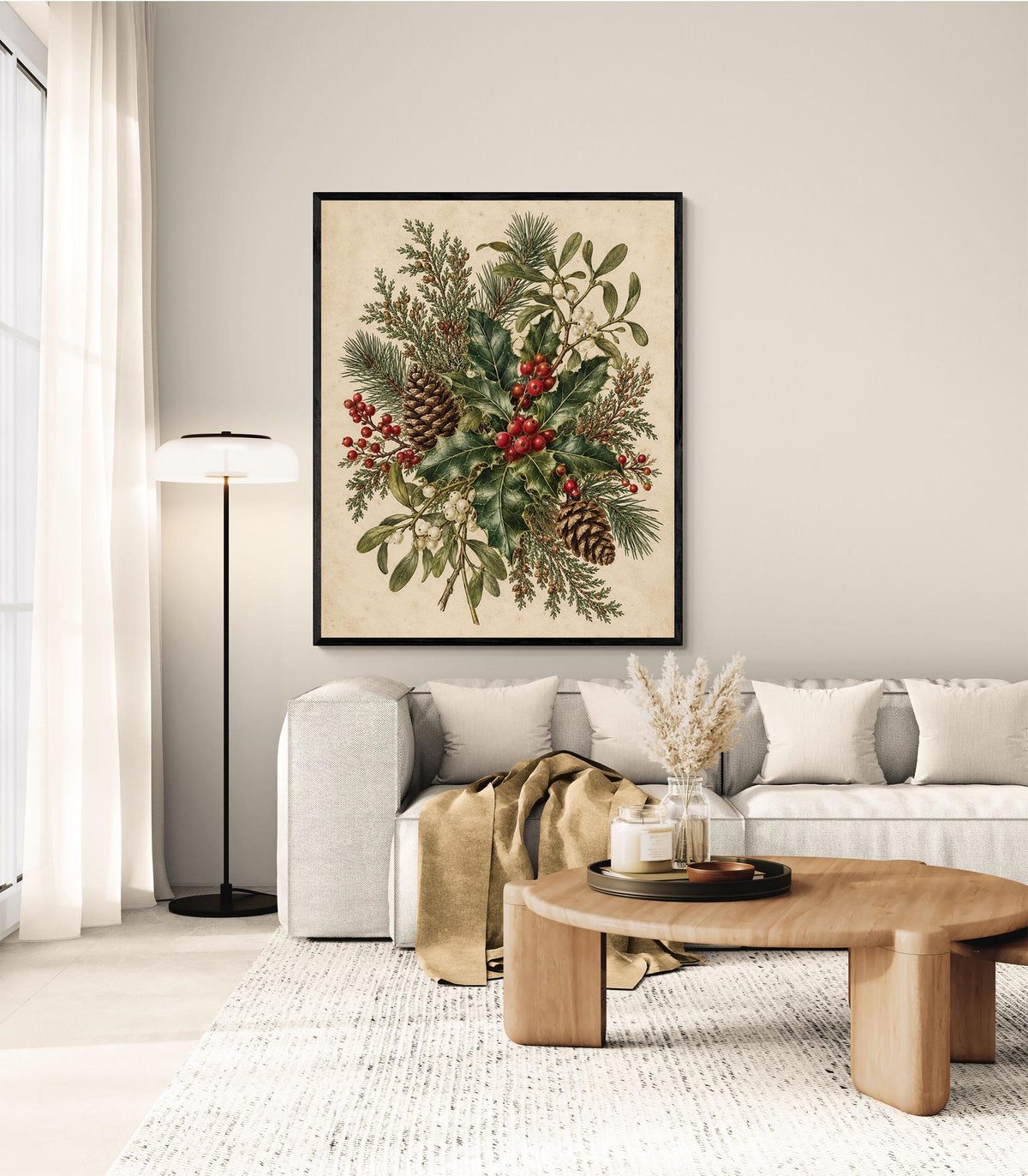 Christmas Botanical Art Print, Vintage Mistletoe Holiday Wall Artwork, Home Decor