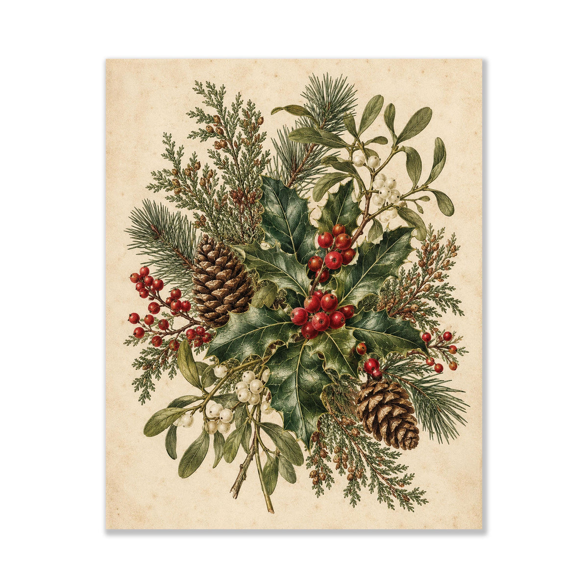 Christmas Botanical Art Print, Vintage Mistletoe Holiday Wall Artwork, Home Decor