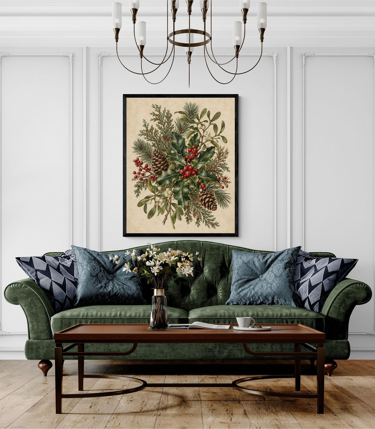 Christmas Botanical Art Print, Vintage Mistletoe Holiday Wall Artwork, Home Decor