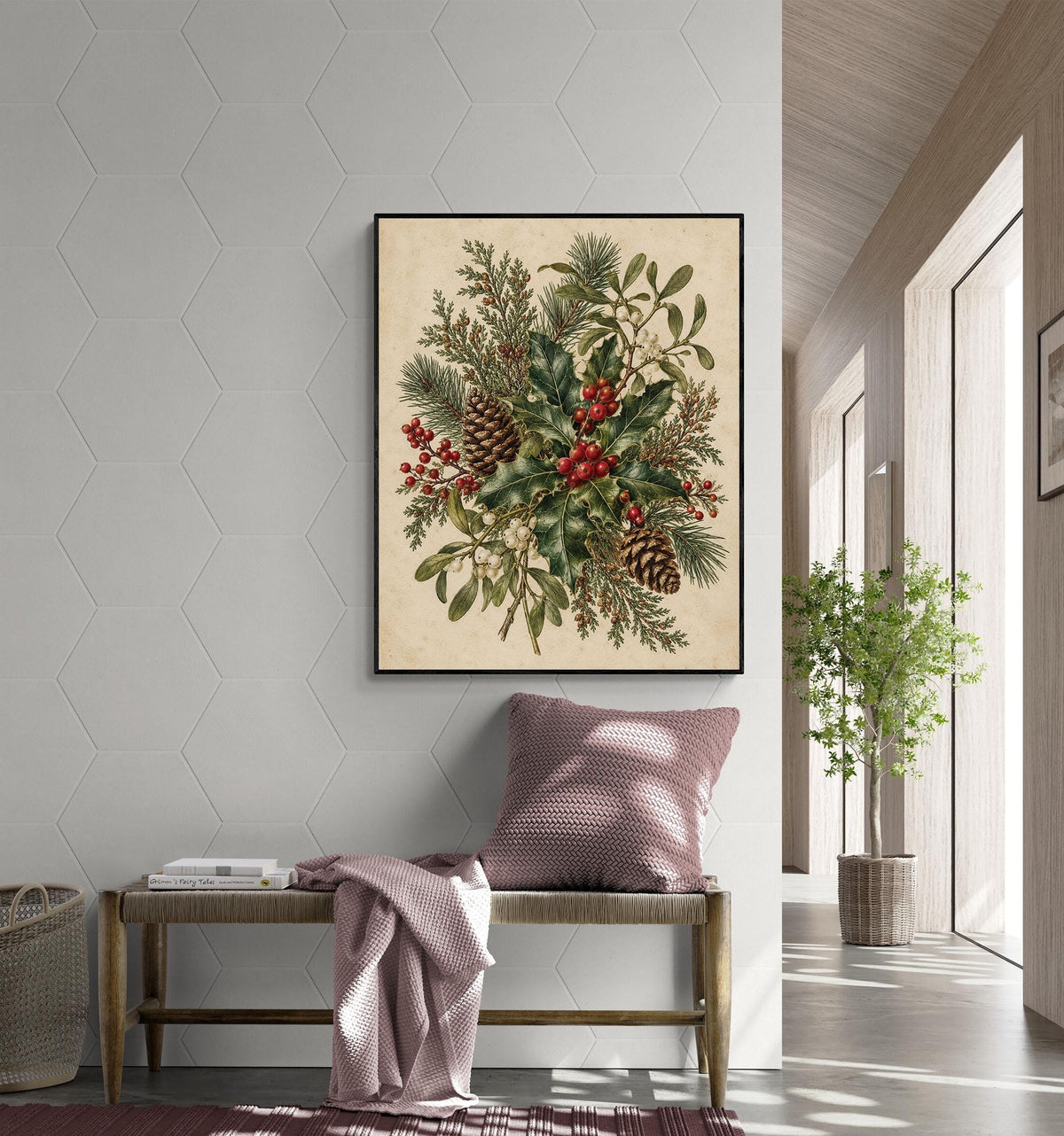 Christmas Botanical Art Print, Vintage Mistletoe Holiday Wall Artwork, Home Decor