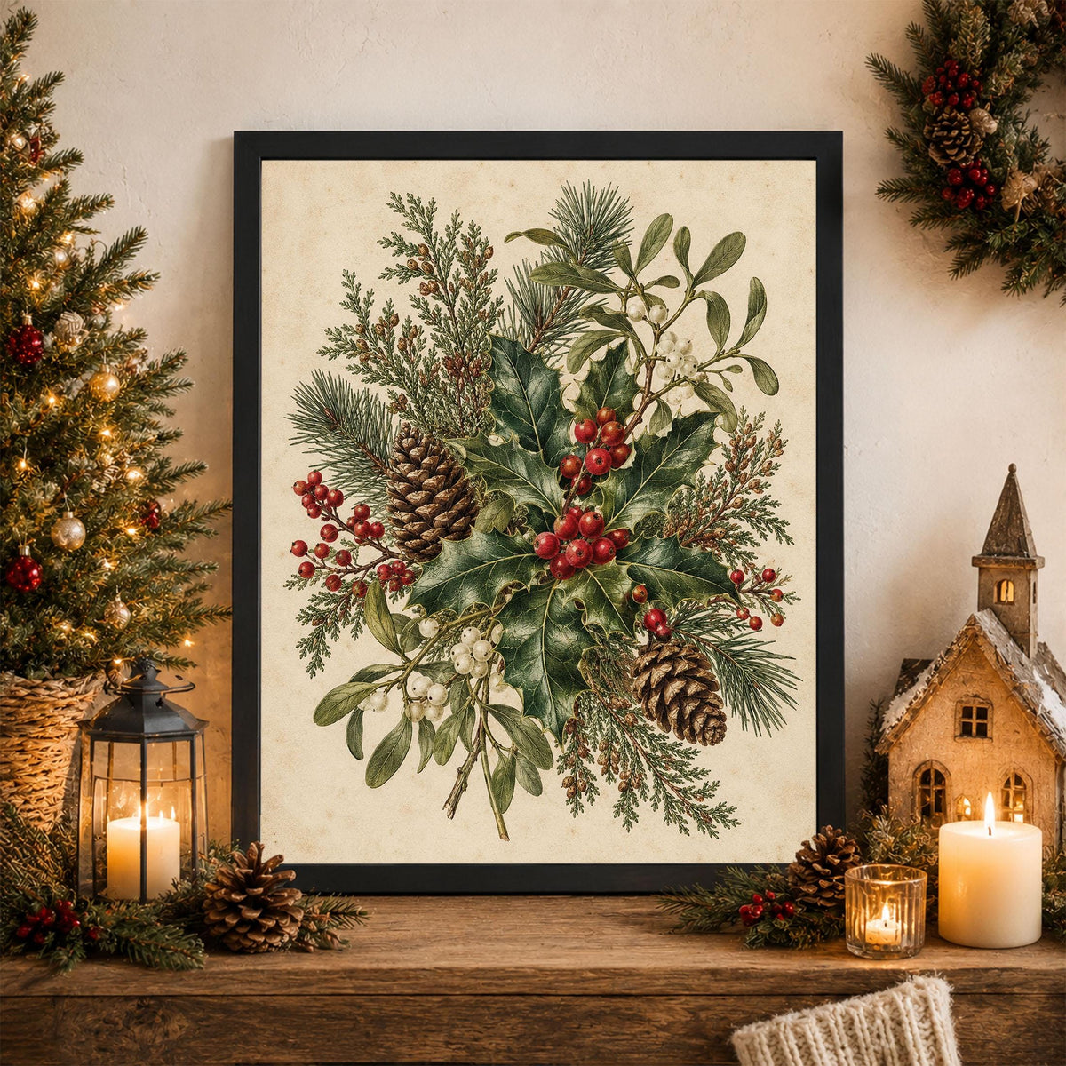 Christmas Botanical Art Print, Vintage Mistletoe Holiday Wall Artwork, Home Decor
