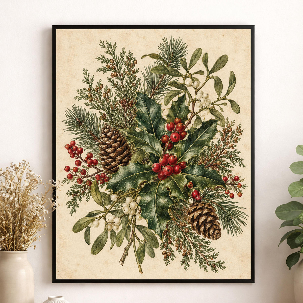 Christmas Botanical Art Print, Vintage Mistletoe Holiday Wall Artwork, Home Decor