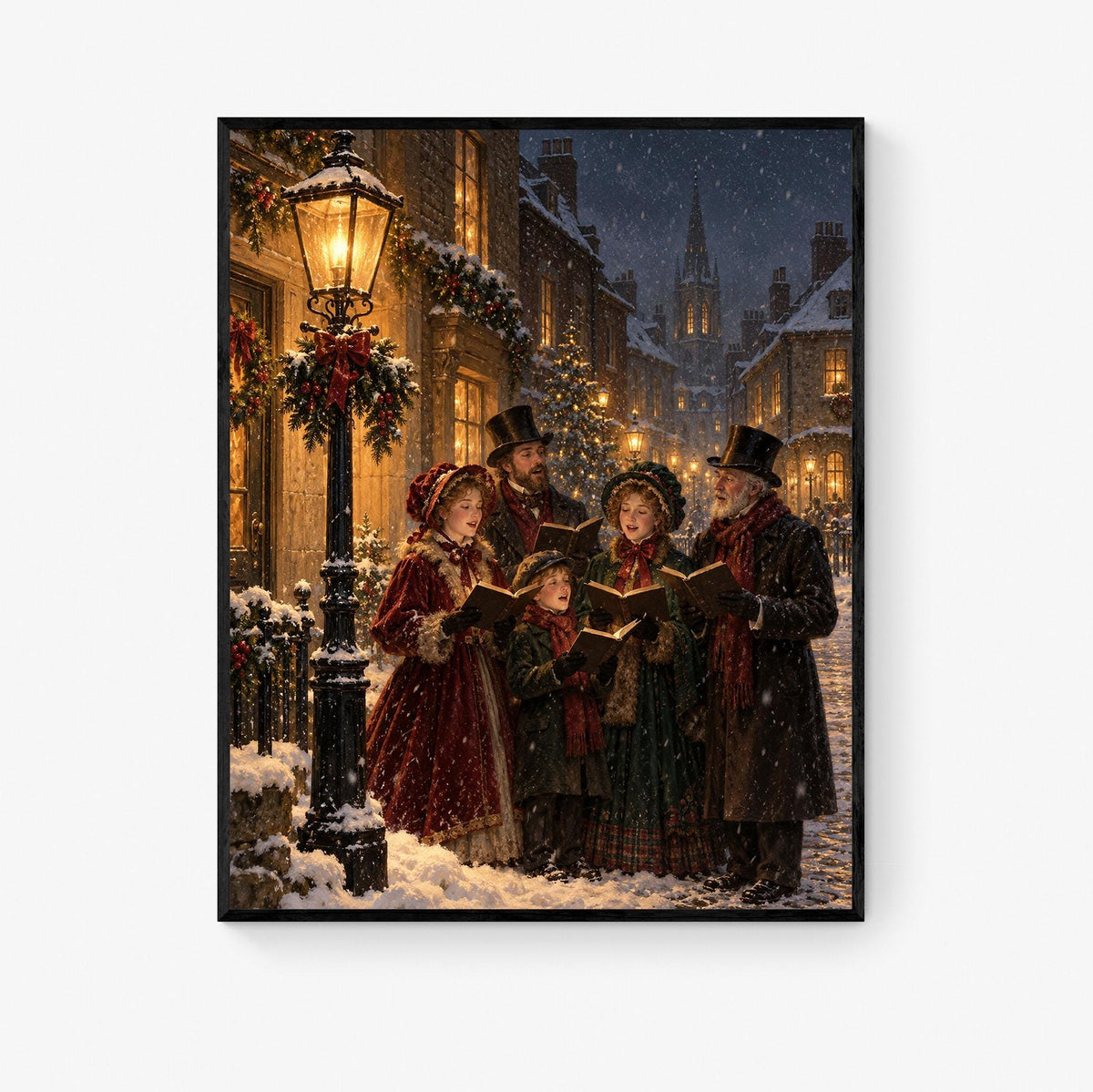 Victorian Christmas Carolers Art Print, Snowy Village Holiday Wall Artwork, Home Decor