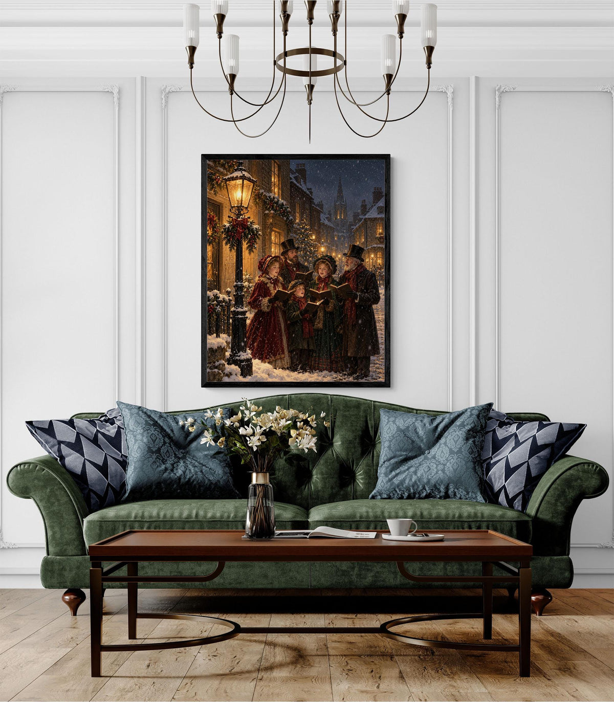 Victorian Christmas Carolers Art Print, Snowy Village Holiday Wall Artwork, Home Decor