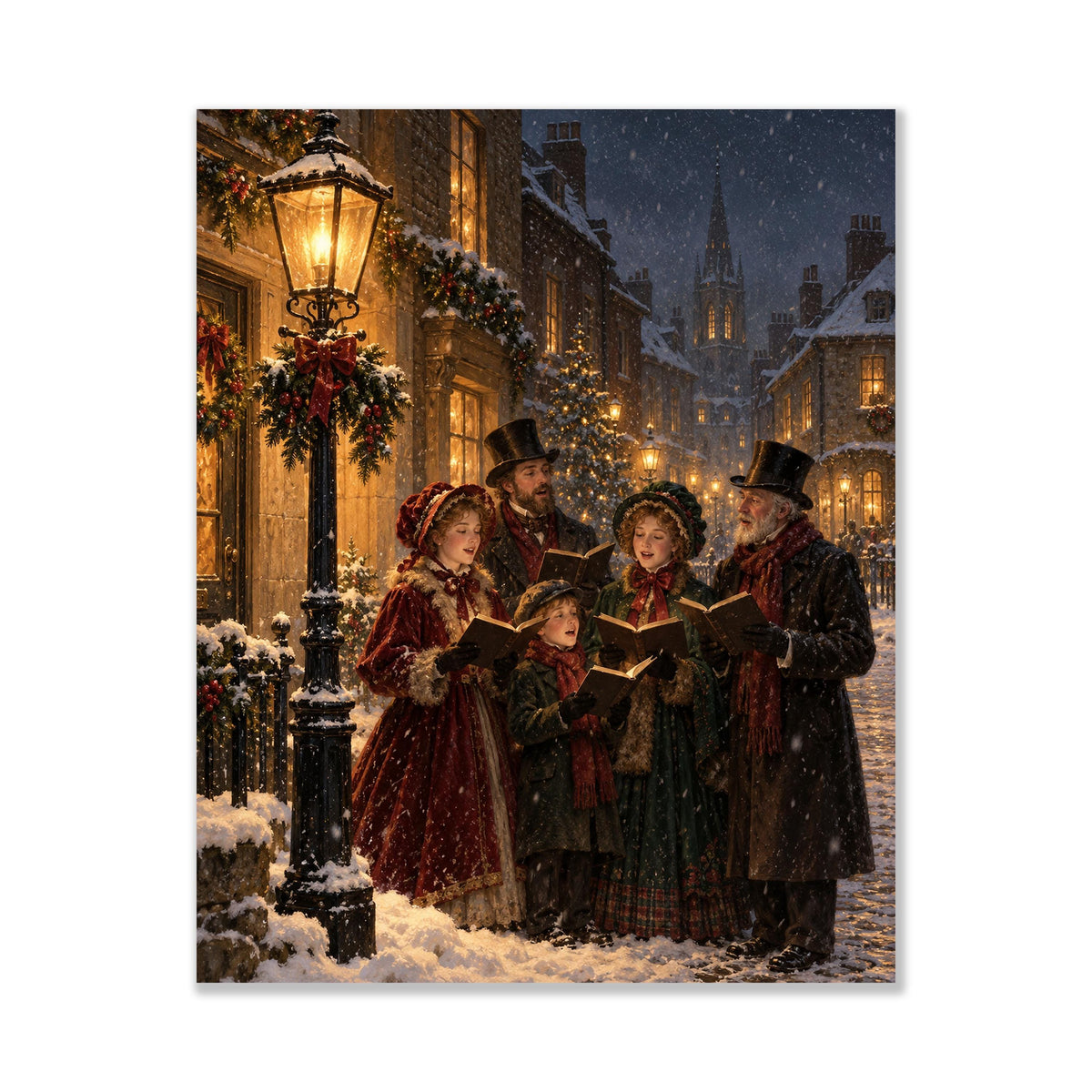 Victorian Christmas Carolers Art Print, Snowy Village Holiday Wall Artwork, Home Decor