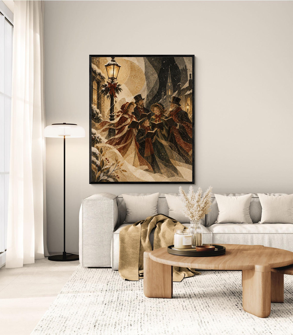 Victorian Christmas Carolers Art Print, Beige Holiday Wall Artwork, Home Decor