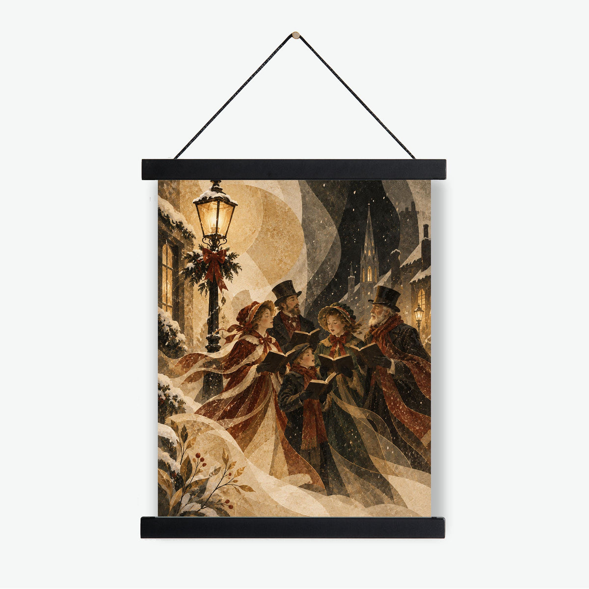 Victorian Christmas Carolers Art Print, Beige Holiday Wall Artwork, Home Decor