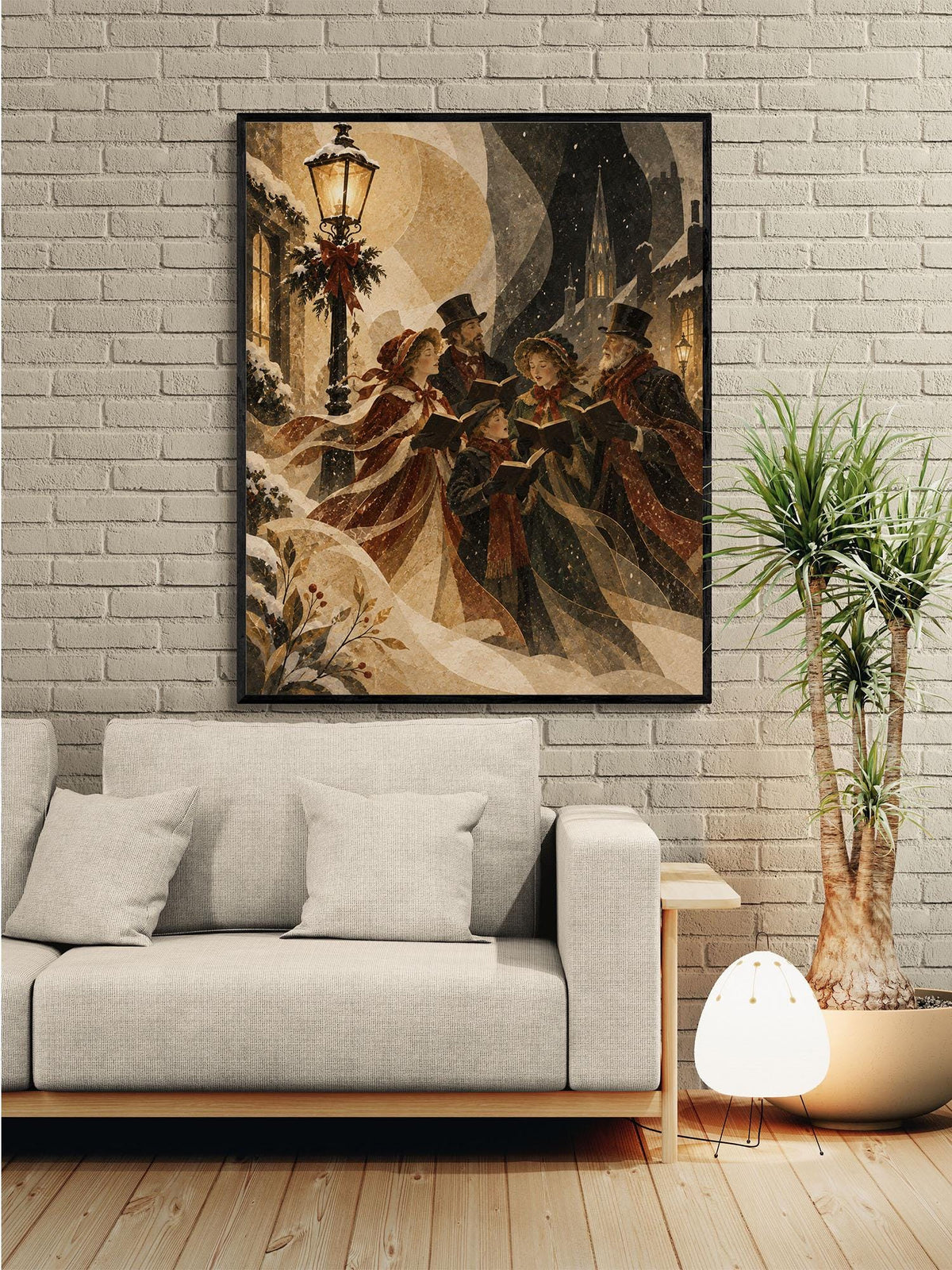 Victorian Christmas Carolers Art Print, Beige Holiday Wall Artwork, Home Decor