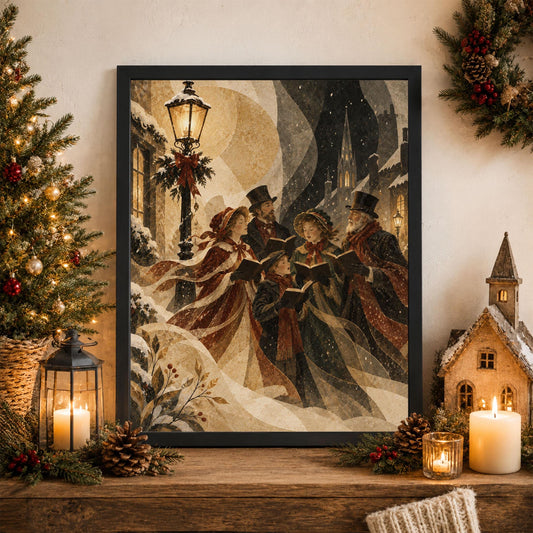 Victorian Christmas Carolers Art Print, Beige Holiday Wall Artwork, Home Decor