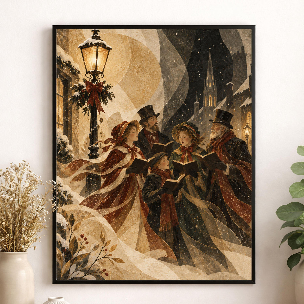 Victorian Christmas Carolers Art Print, Beige Holiday Wall Artwork, Home Decor