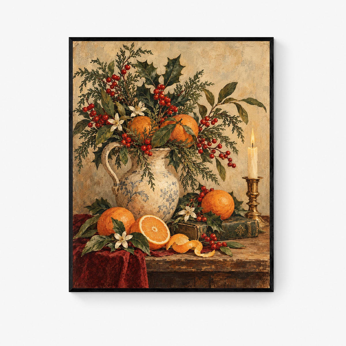 Vintage Christmas Citrus Art Print, Old World Holiday Wall Artwork, Home Decor