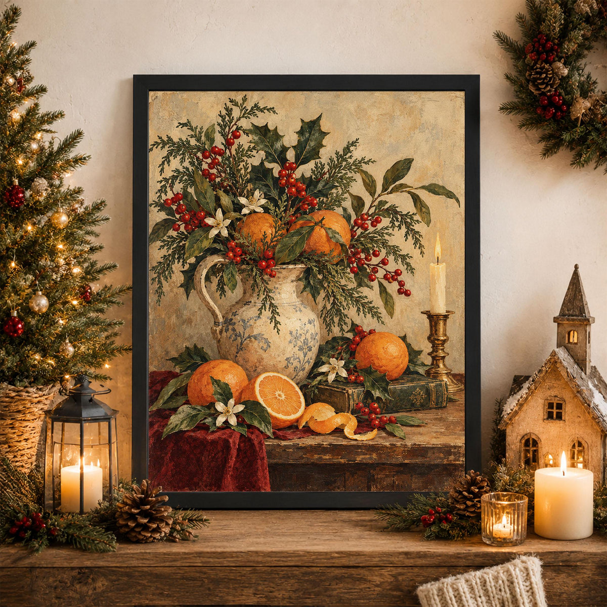 Vintage Christmas Citrus Art Print, Old World Holiday Wall Artwork, Home Decor