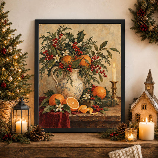 Vintage Christmas Citrus Art Print, Old World Holiday Wall Artwork, Home Decor