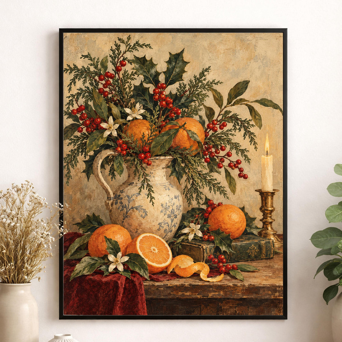Vintage Christmas Citrus Art Print, Old World Holiday Wall Artwork, Home Decor