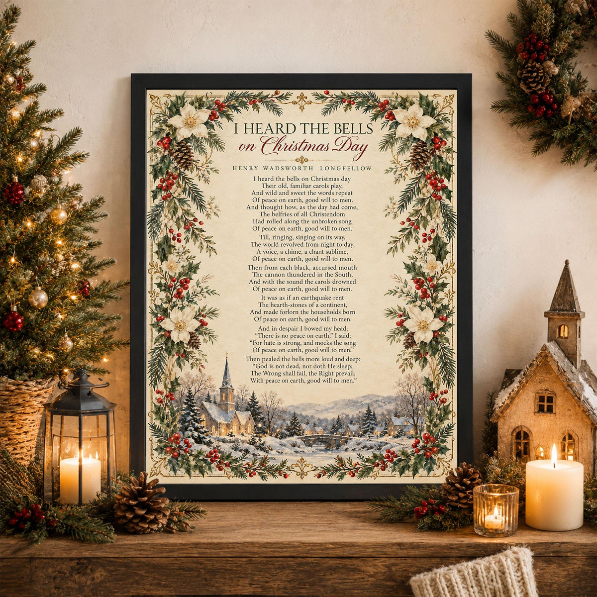 I Heard The Bells On Christmas Art Print, Longfellow Holiday Wall Artwork, Poem Home Decor