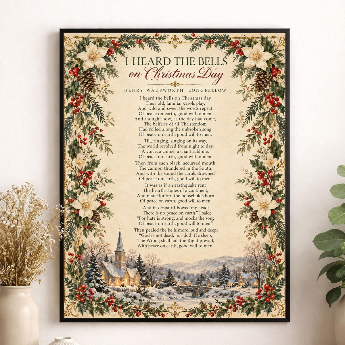 I Heard The Bells On Christmas Art Print, Longfellow Holiday Wall Artwork, Poem Home Decor