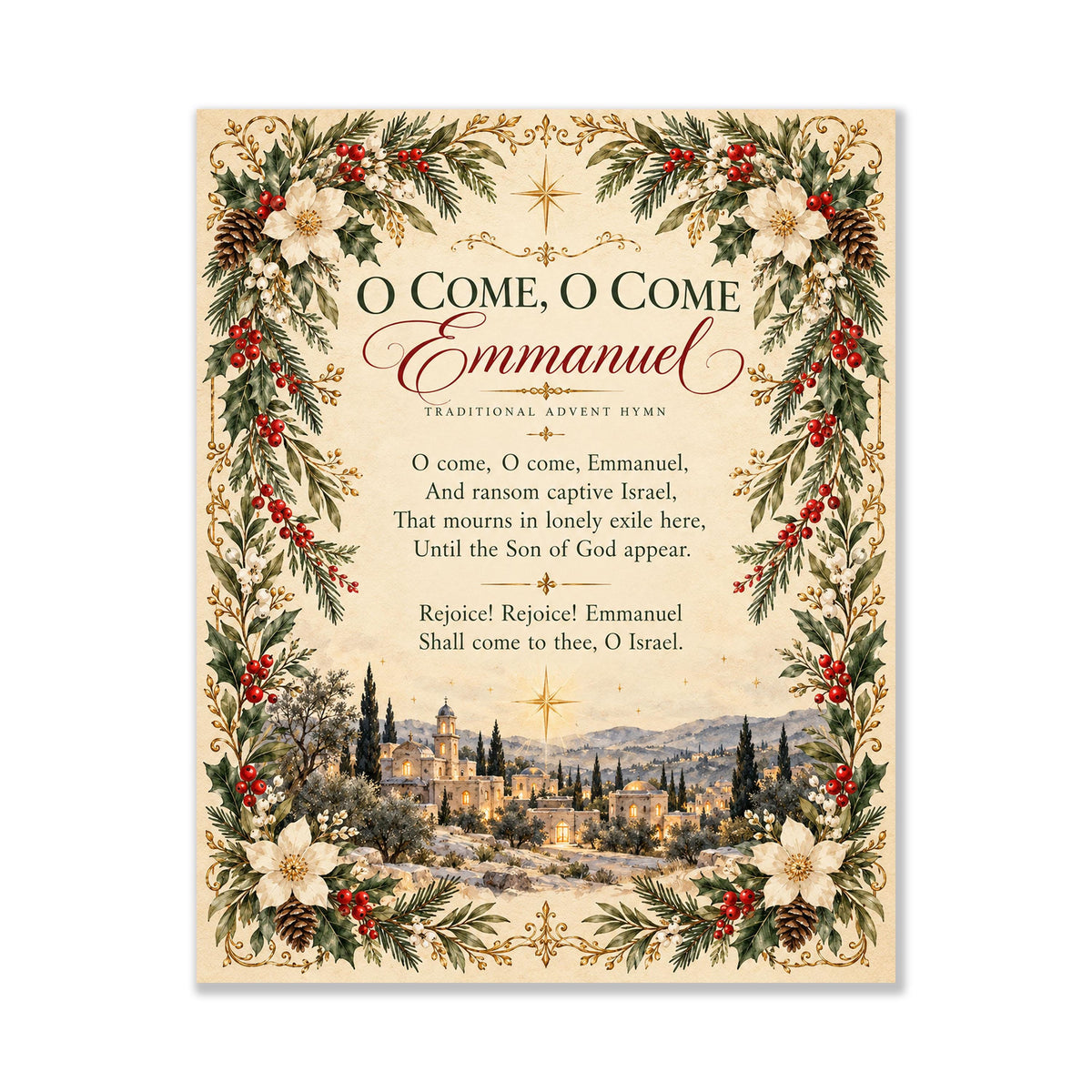 O Come Emmanuel Art Print, Christmas Hymn Holiday Wall Artwork, Home Decor