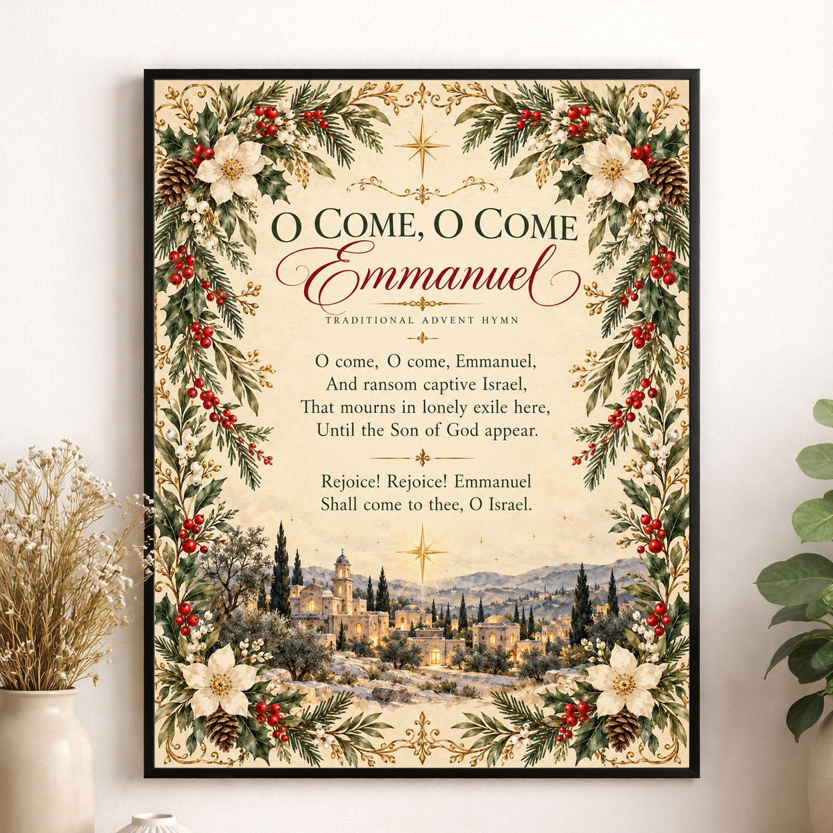O Come Emmanuel Art Print, Christmas Hymn Holiday Wall Artwork, Home Decor