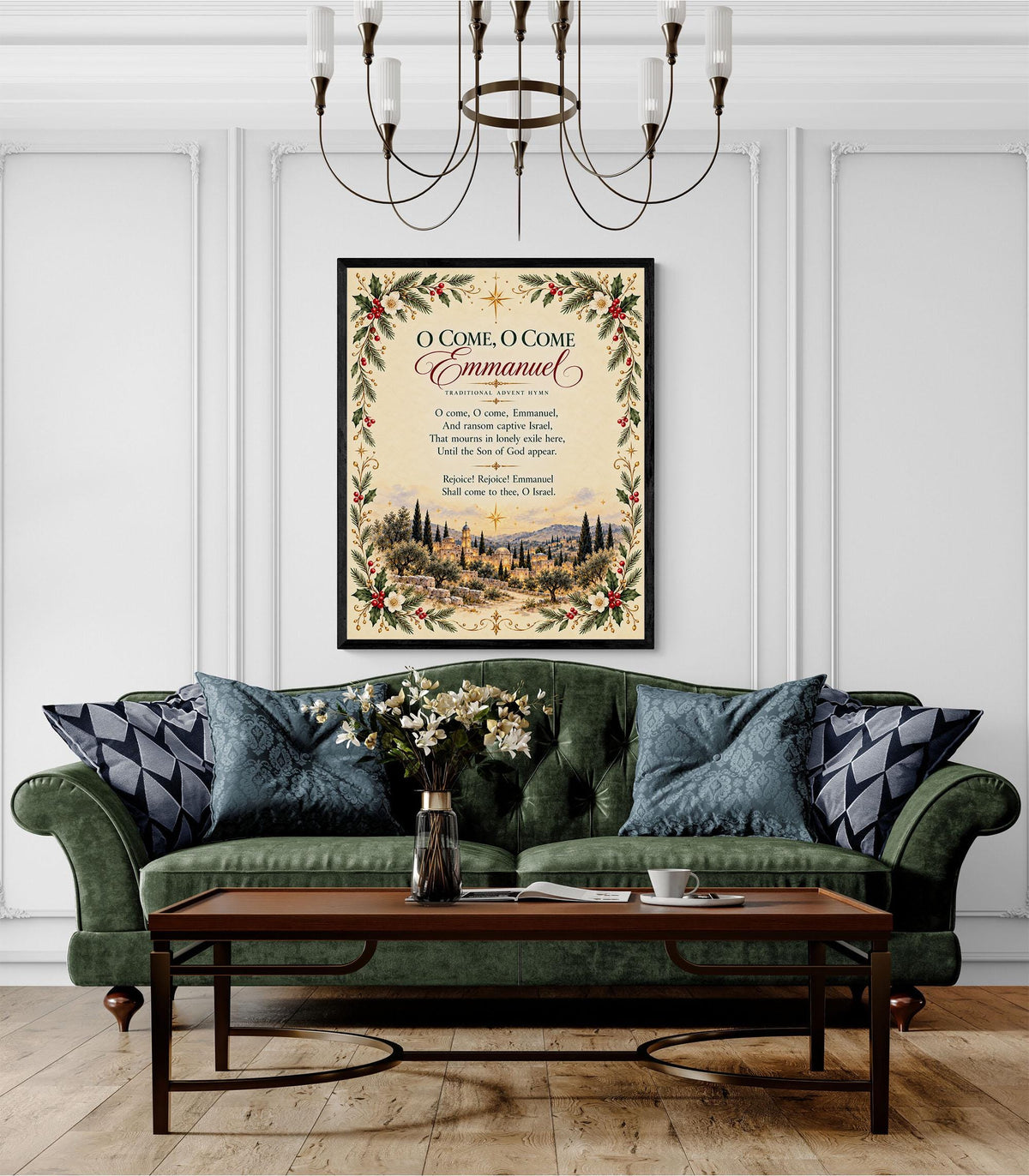 O Come Emmanuel Art Print, Christmas Floral Hymn Holiday Wall Artwork, Home Decor
