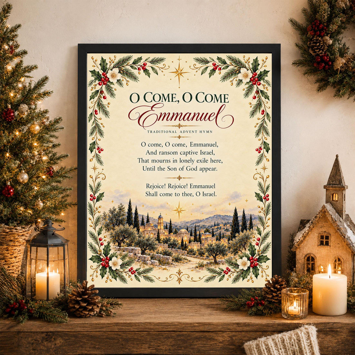 O Come Emmanuel Art Print, Christmas Floral Hymn Holiday Wall Artwork, Home Decor