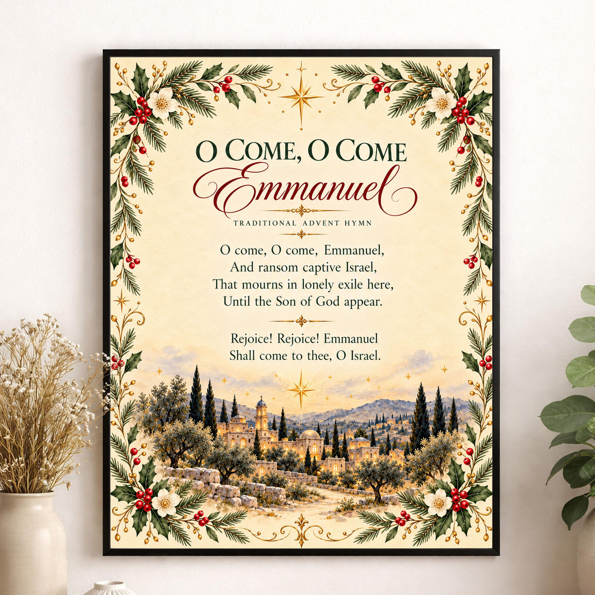 O Come Emmanuel Art Print, Christmas Floral Hymn Holiday Wall Artwork, Home Decor
