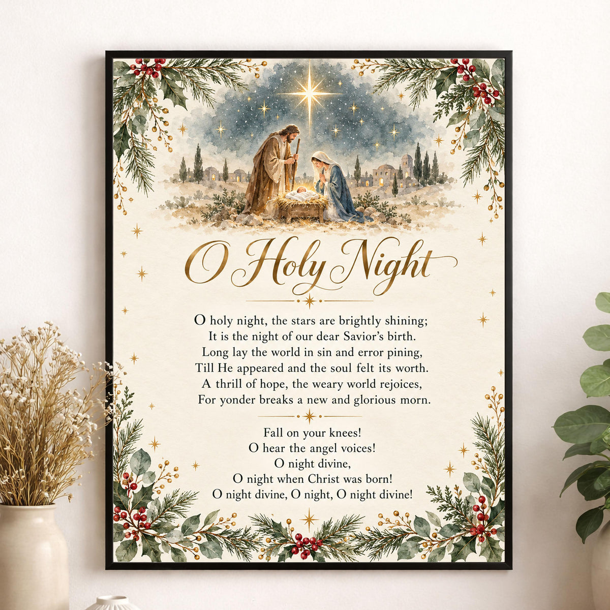 O Holy Night l Art Print, Christmas Nativity Hymn Holiday Wall Artwork, Home Decor