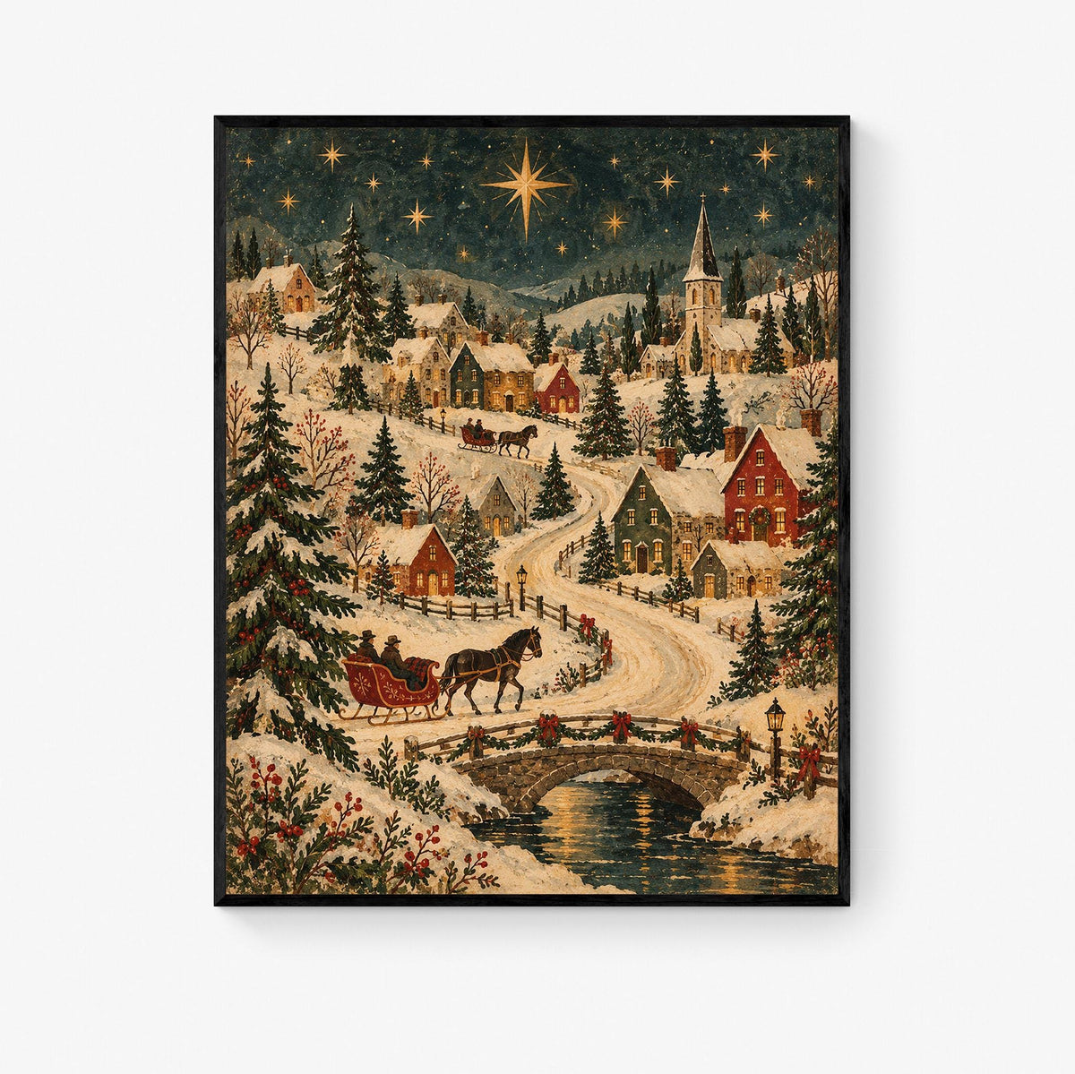 Old World Christmas Village Art Print, Vintage Holiday Wall Artwork, Home Decor
