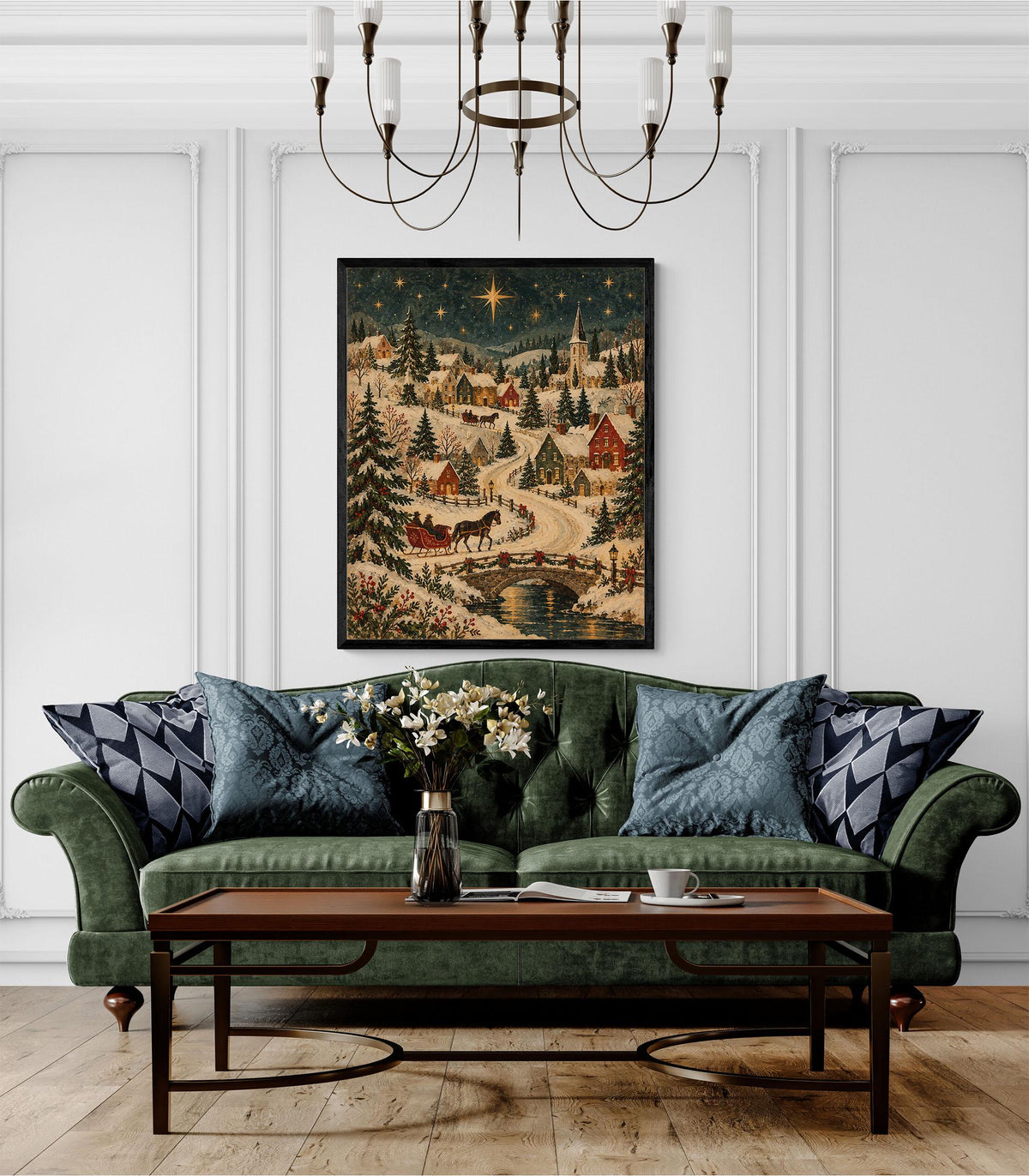 Old World Christmas Village Art Print, Vintage Holiday Wall Artwork, Home Decor