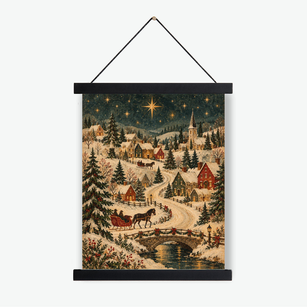 Old World Christmas Village Art Print, Vintage Holiday Wall Artwork, Home Decor