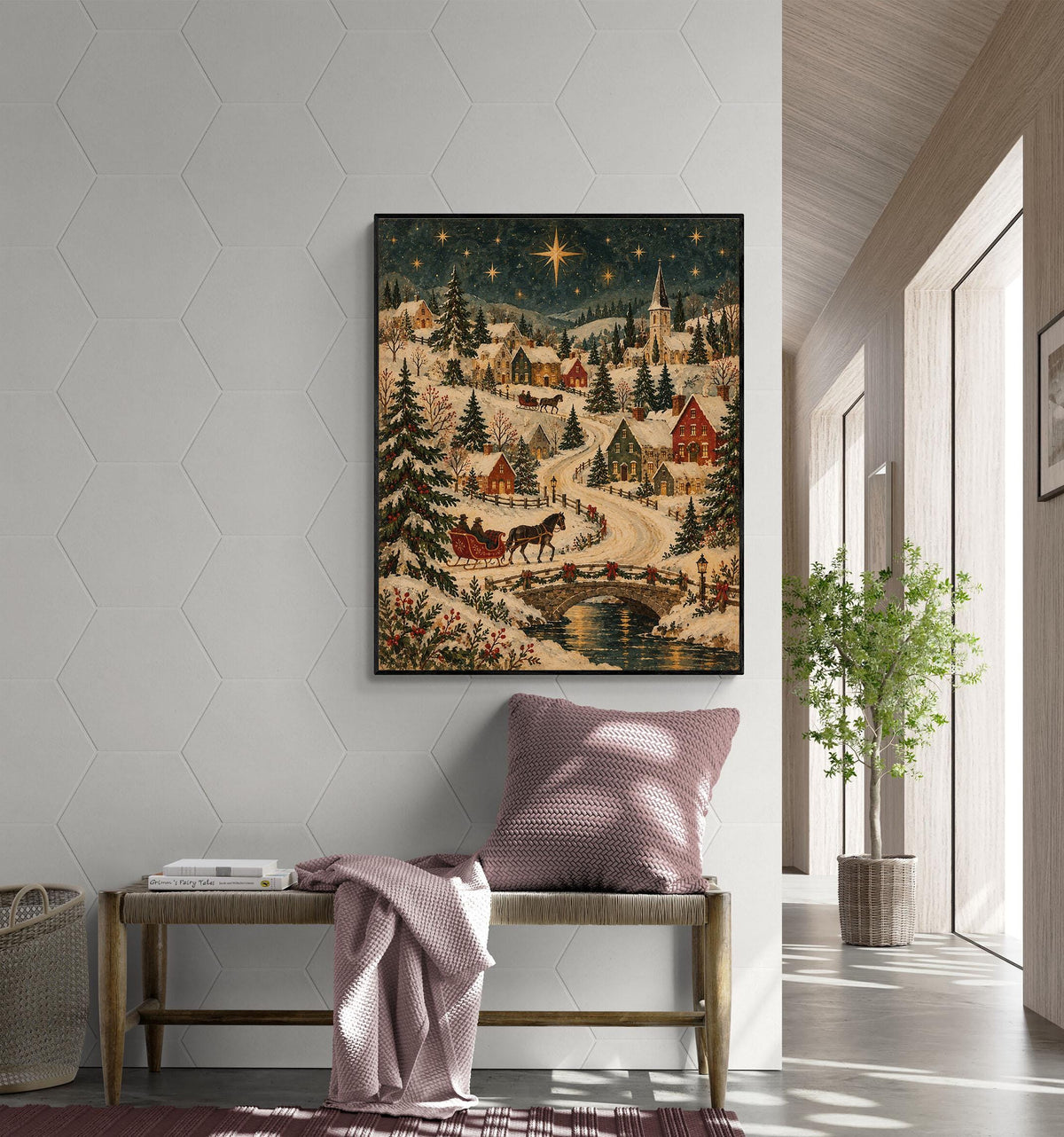 Old World Christmas Village Art Print, Vintage Holiday Wall Artwork, Home Decor