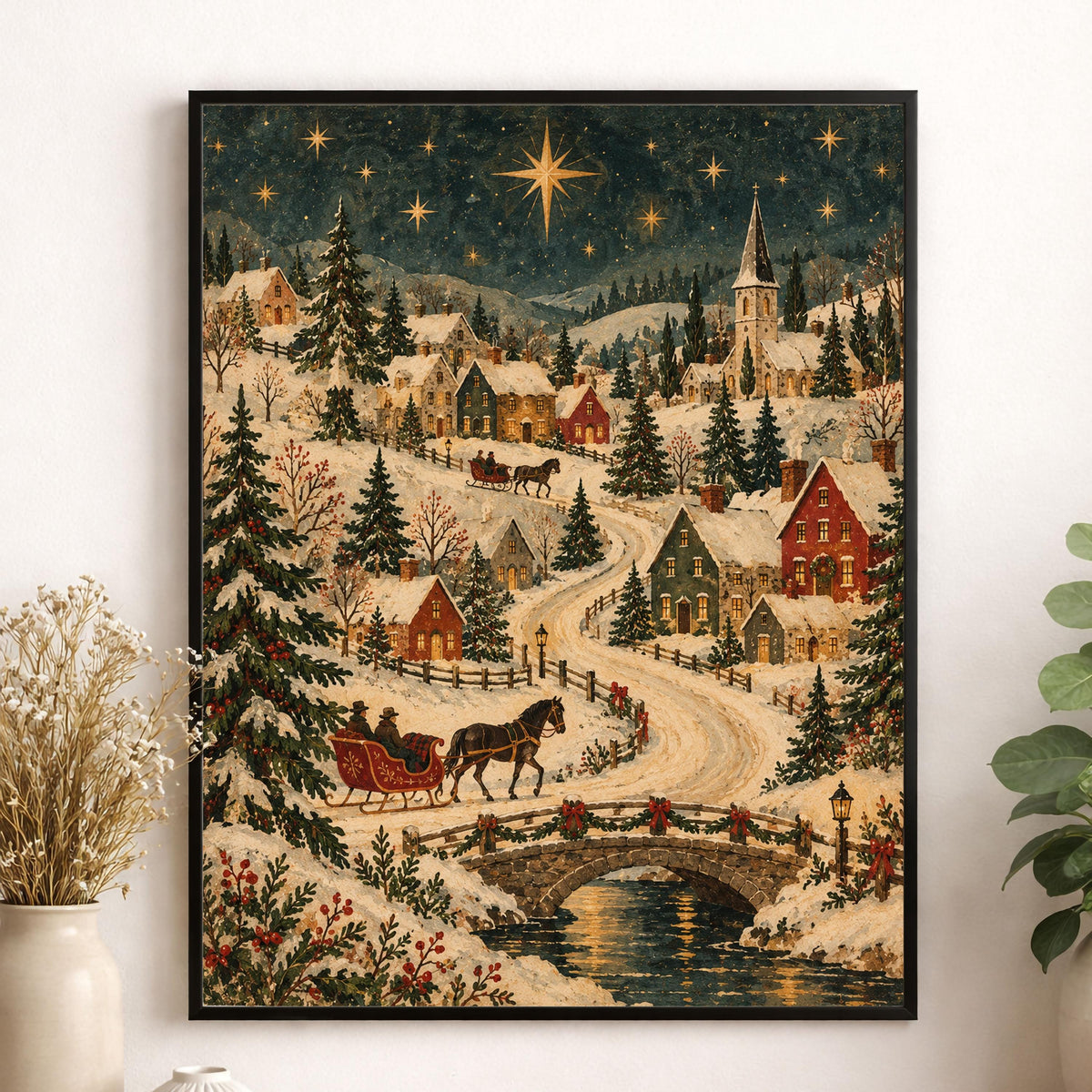 Old World Christmas Village Art Print, Vintage Holiday Wall Artwork, Home Decor
