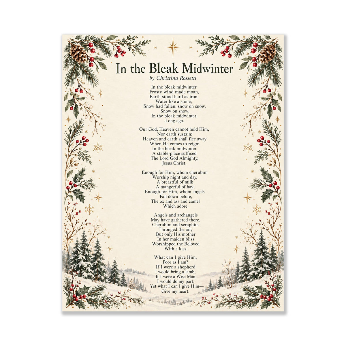 In The Bleak Midwinter Christmas Art Print, Christina Rosetti Poem Holiday Wall Artwork, Home Decor