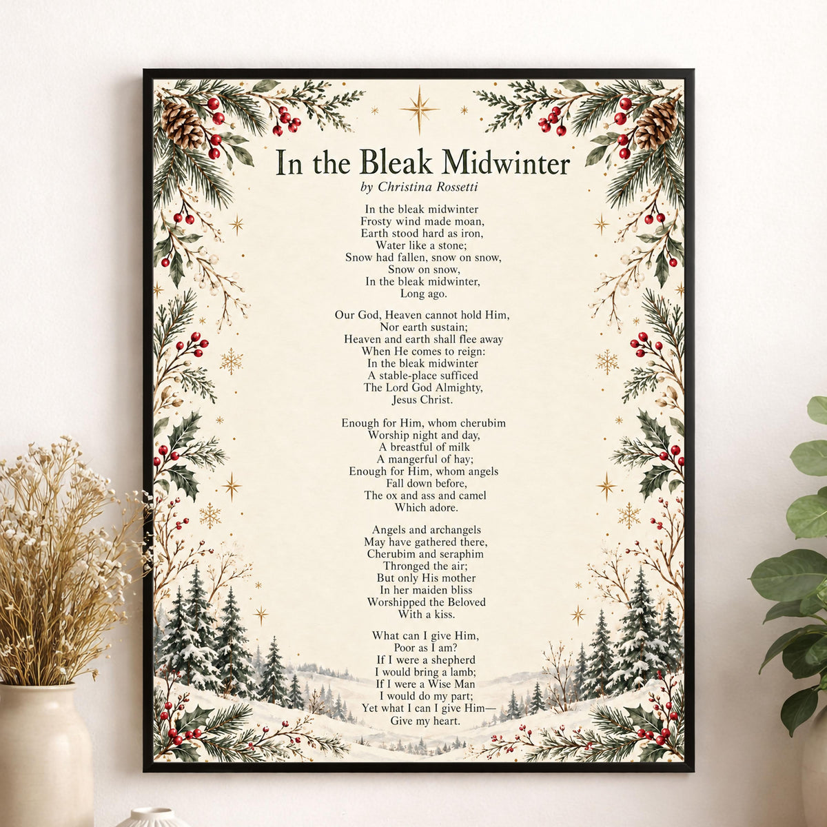 In The Bleak Midwinter Christmas Art Print, Christina Rosetti Poem Holiday Wall Artwork, Home Decor