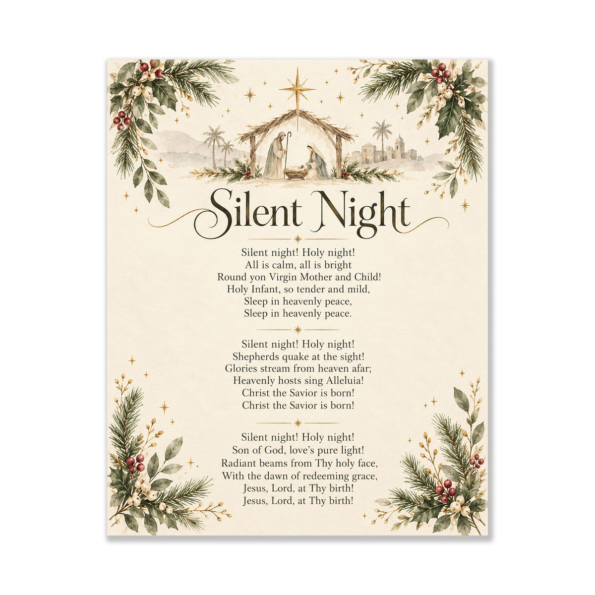 Silent Night Art Print, Christmas Floral Hymn Holiday Wall Artwork, Home Decor