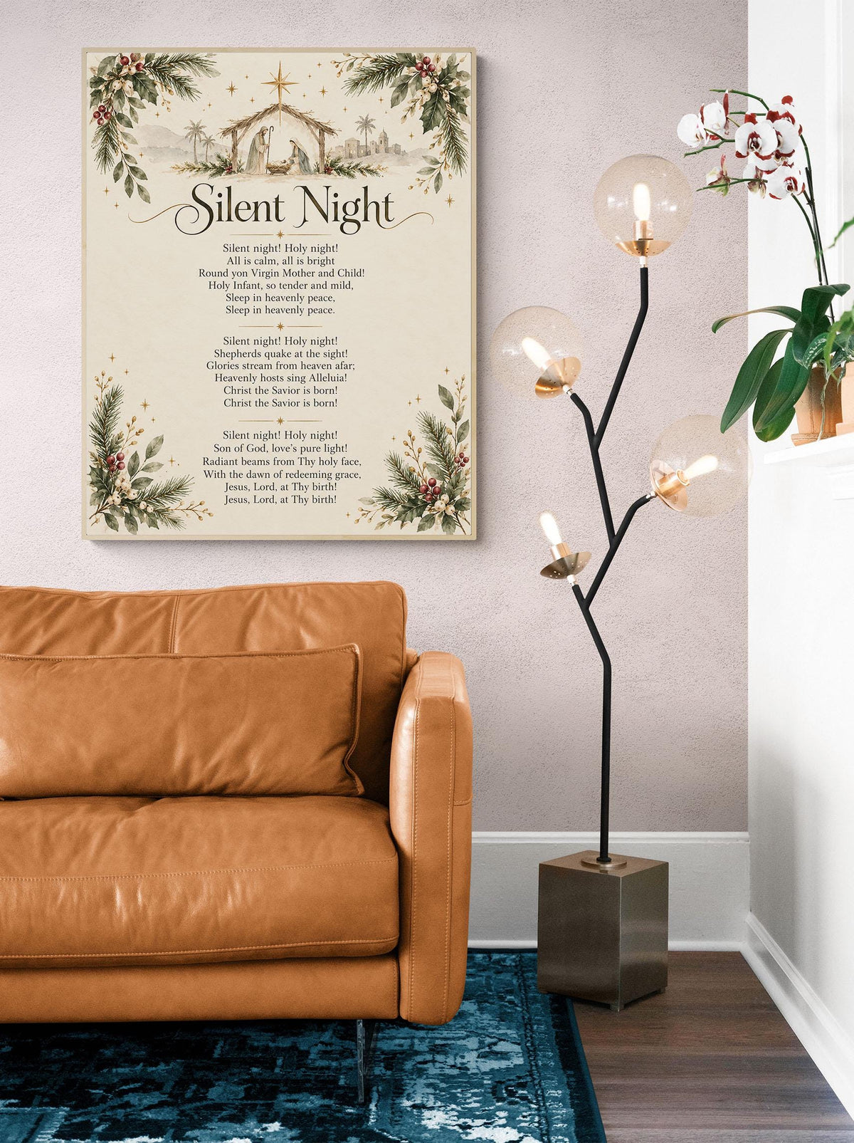Silent Night Art Print, Christmas Floral Hymn Holiday Wall Artwork, Home Decor