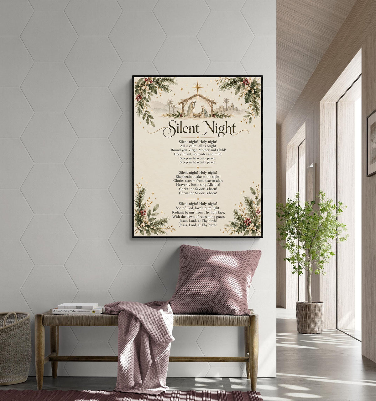 Silent Night Art Print, Christmas Floral Hymn Holiday Wall Artwork, Home Decor