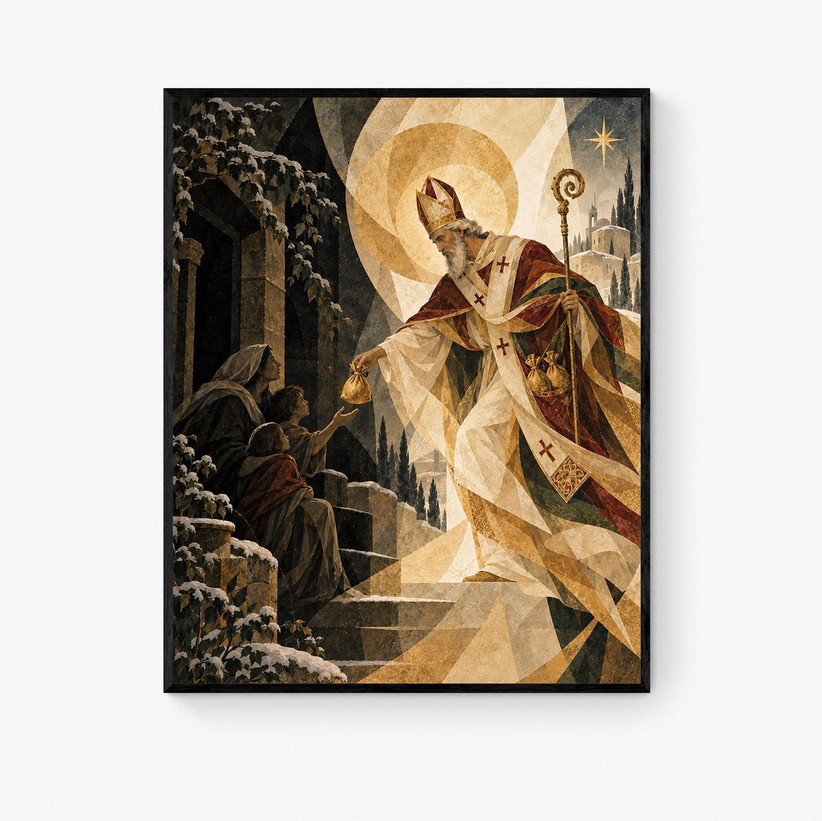 Saint Nicholas Christmas Village Art Print, Beige Holiday Wall Artwork, Home Decor