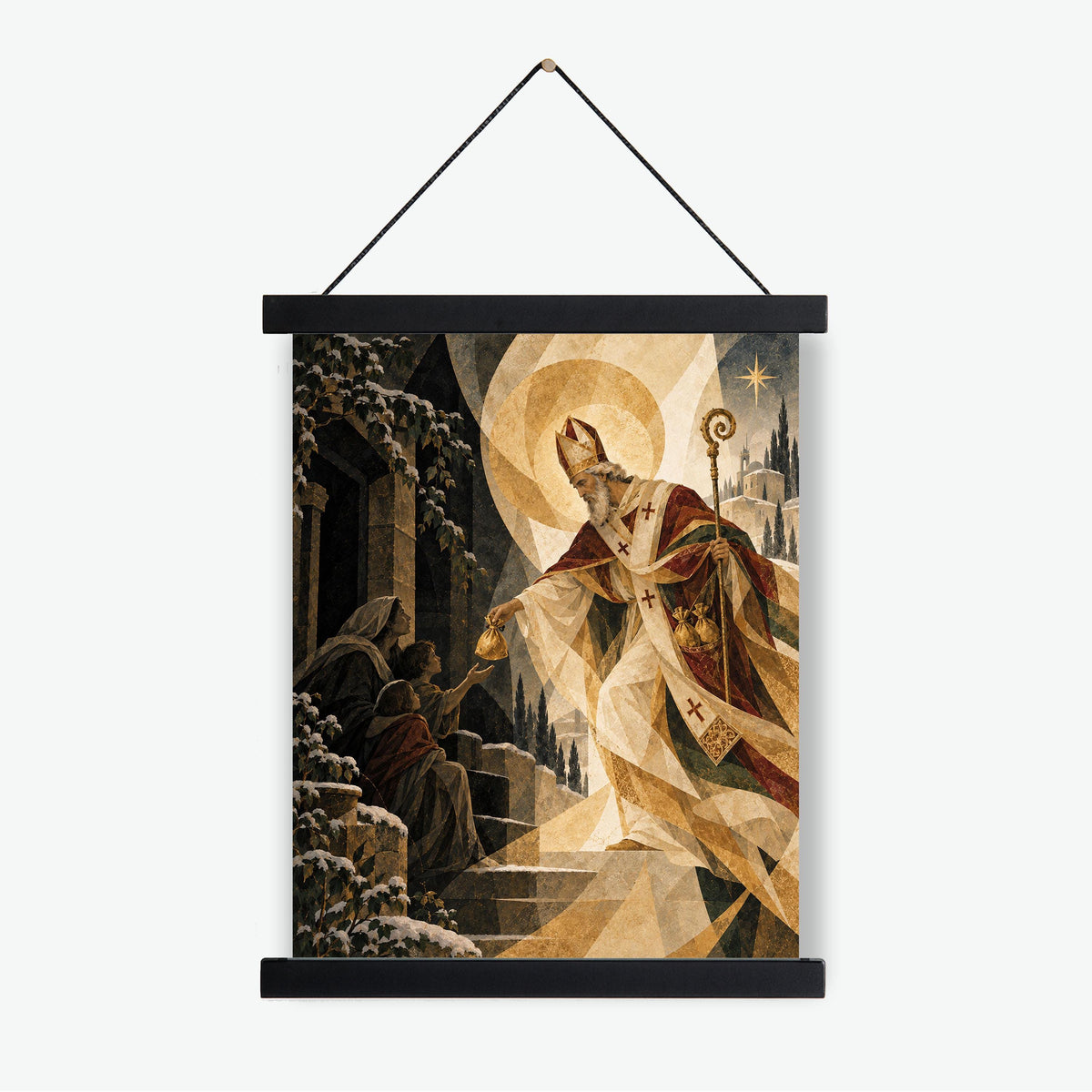 Saint Nicholas Christmas Village Art Print, Beige Holiday Wall Artwork, Home Decor