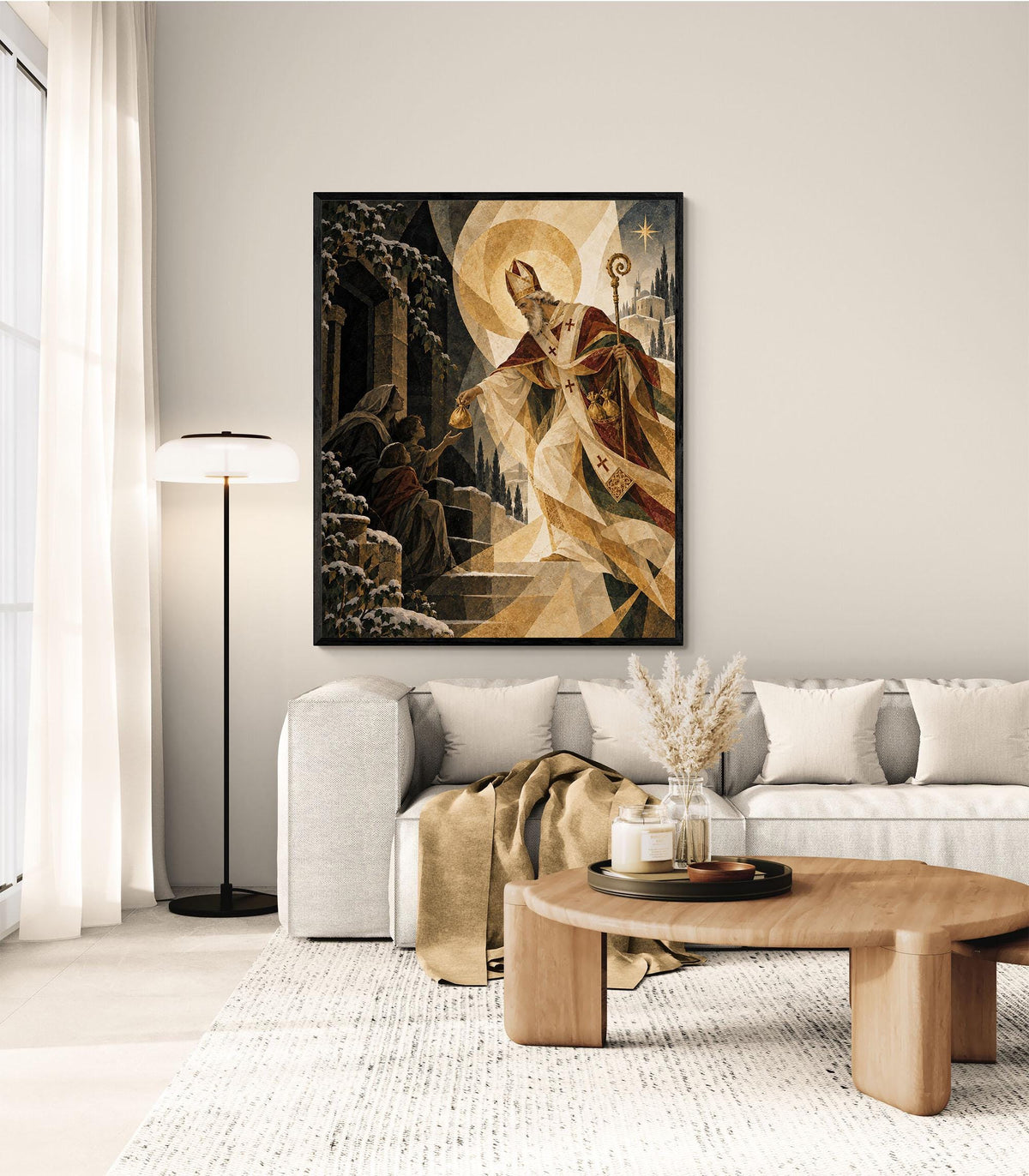 Saint Nicholas Christmas Village Art Print, Beige Holiday Wall Artwork, Home Decor