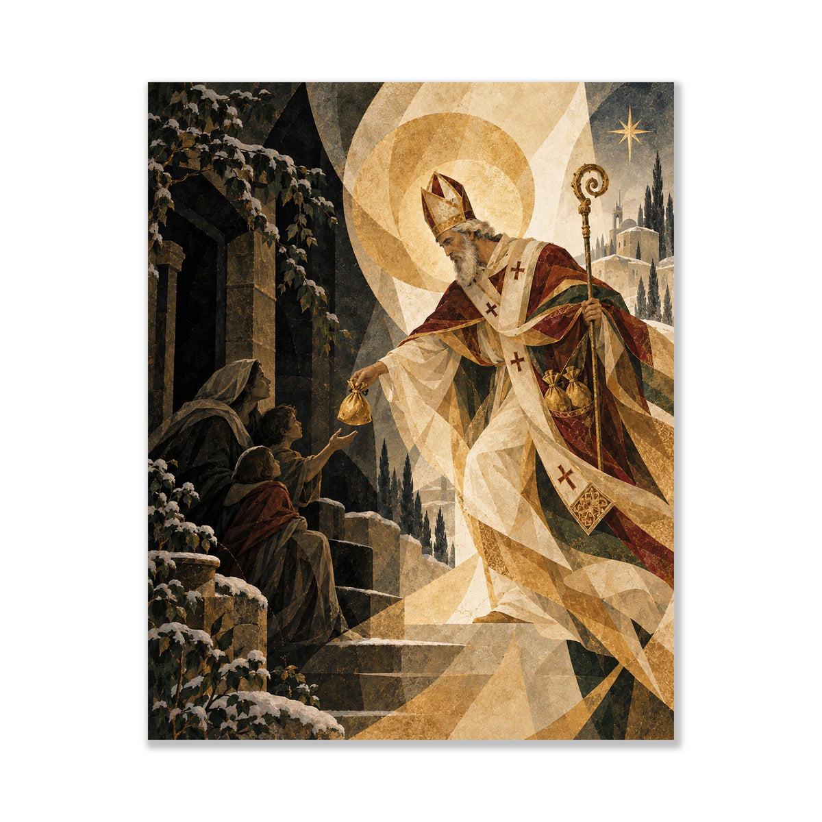 Saint Nicholas Christmas Village Art Print, Beige Holiday Wall Artwork, Home Decor
