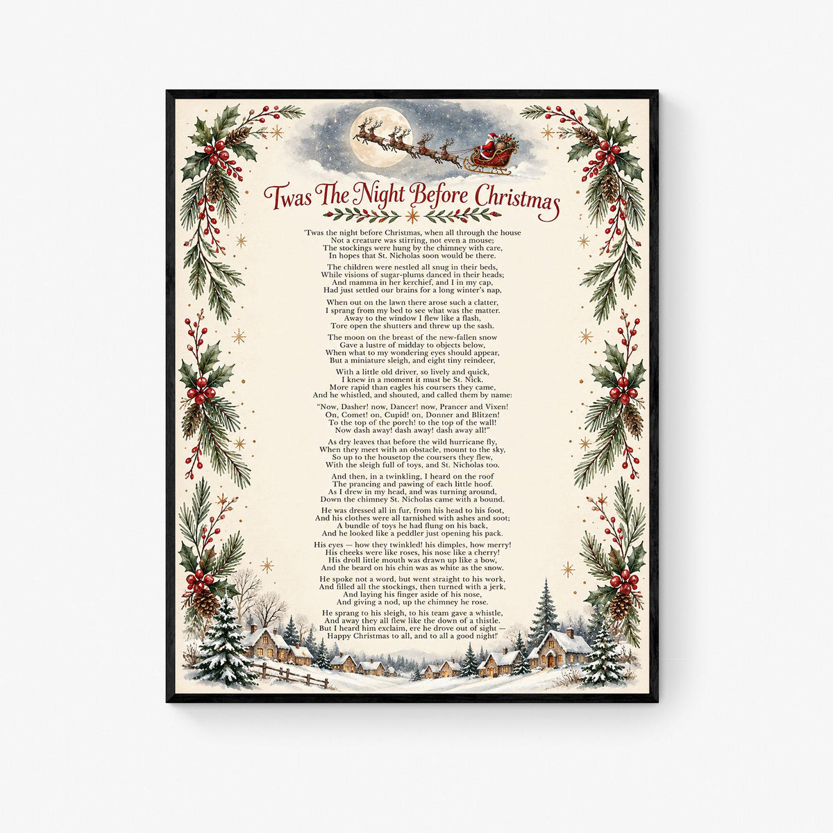 Twas The Night Before Christmas Art Print, Clement Clarke Poem Holiday Wall Artwork, Home Decor