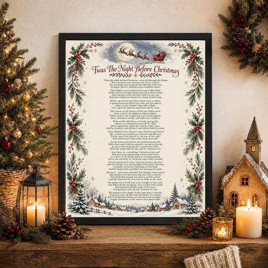 Twas The Night Before Christmas Art Print, Clement Clarke Poem Holiday Wall Artwork, Home Decor
