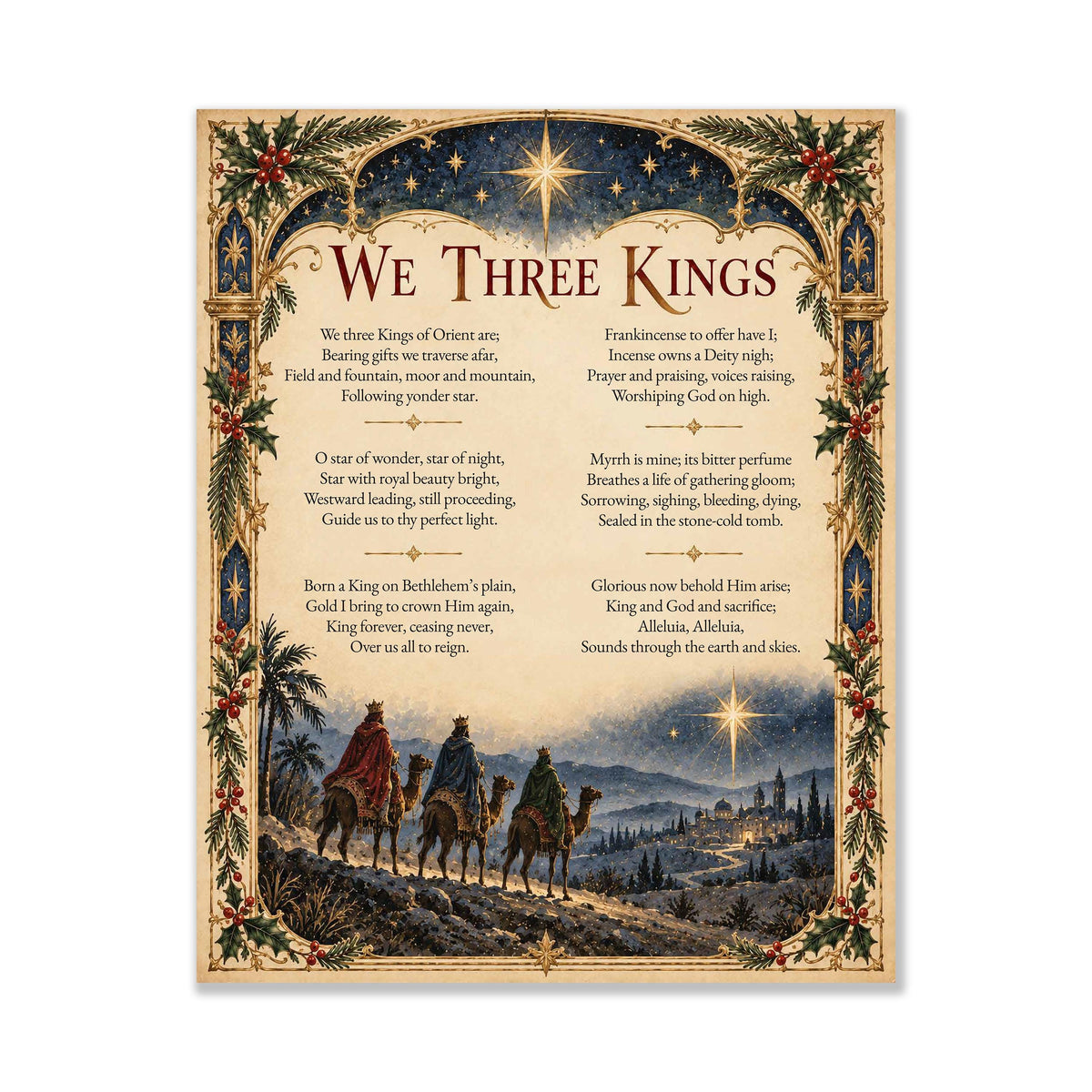 We Three Kings Art Print, Christmas Hymn Holiday Wall Artwork, Nativity Home Decor