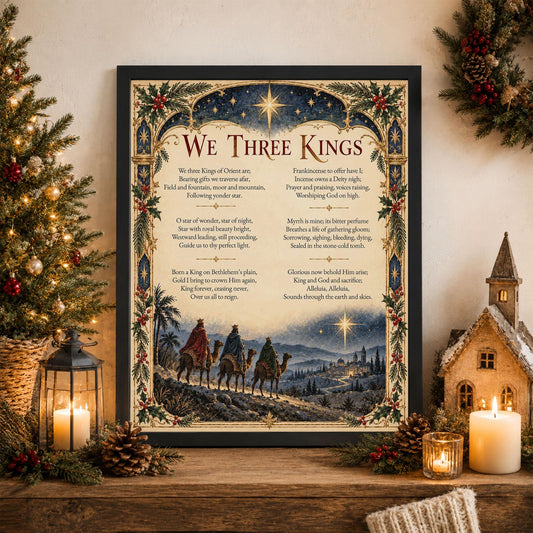 We Three Kings Art Print, Christmas Hymn Holiday Wall Artwork, Nativity Home Decor