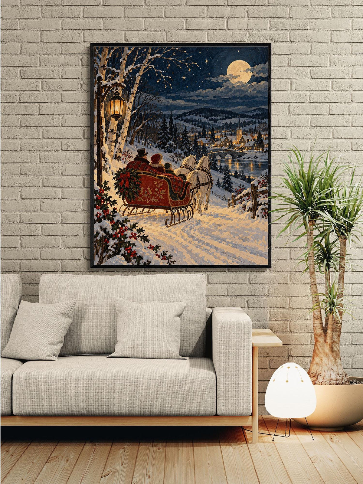 Vintage Christmas Sleigh Art Print, Snowy Village Wall, Victorian Winter Landscape, Holiday Home Decor