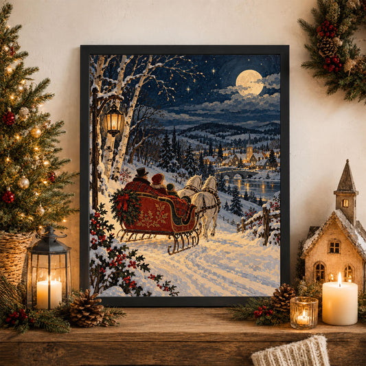 Vintage Christmas Sleigh Art Print, Snowy Village Wall, Victorian Winter Landscape, Holiday Home Decor