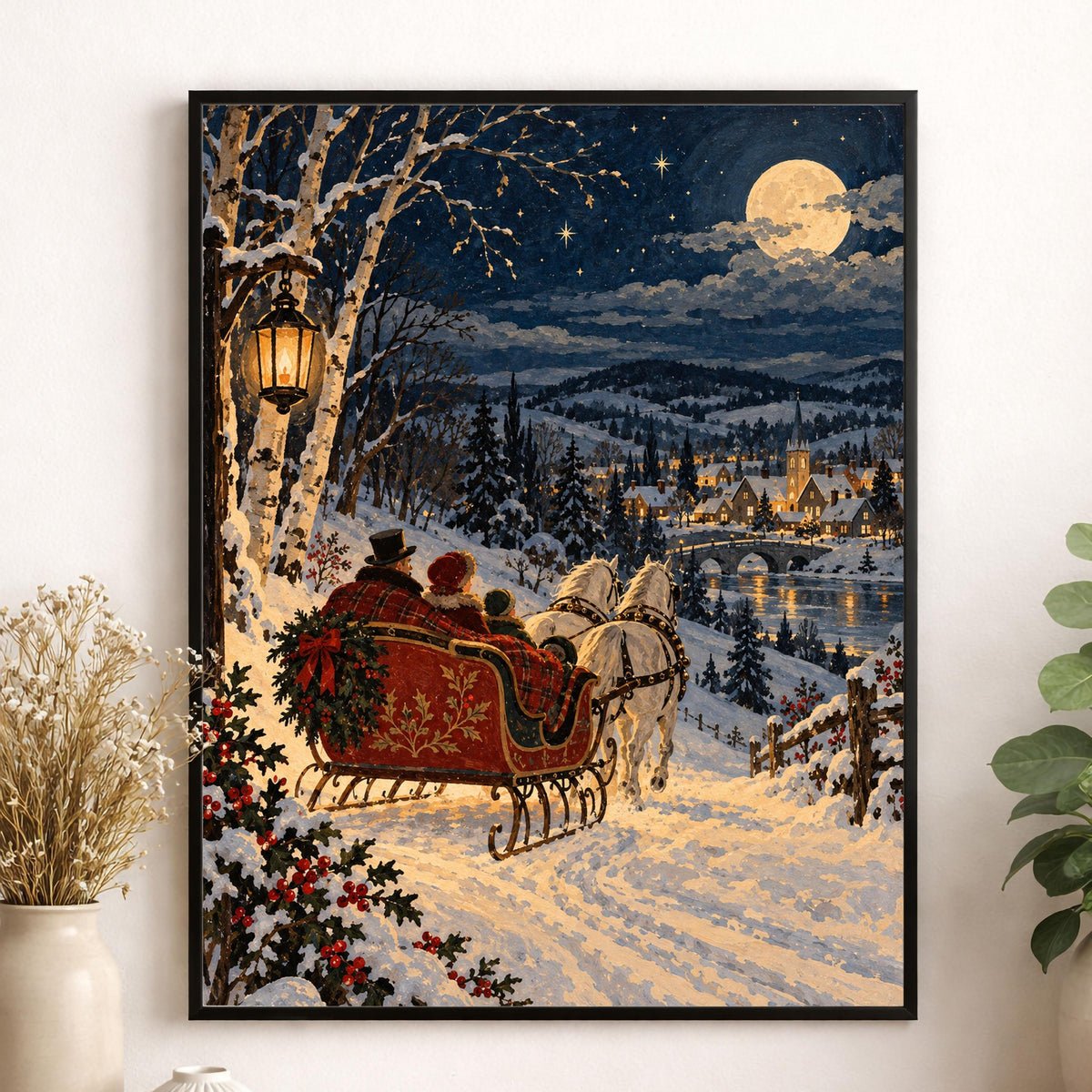 Vintage Christmas Sleigh Art Print, Snowy Village Wall, Victorian Winter Landscape, Holiday Home Decor