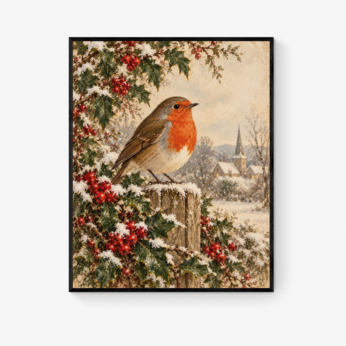 Christmas Robin Art Print, Vintage Christmas Bird Wall, Winter Holly and Berries, Landscape, Holiday Home Decor