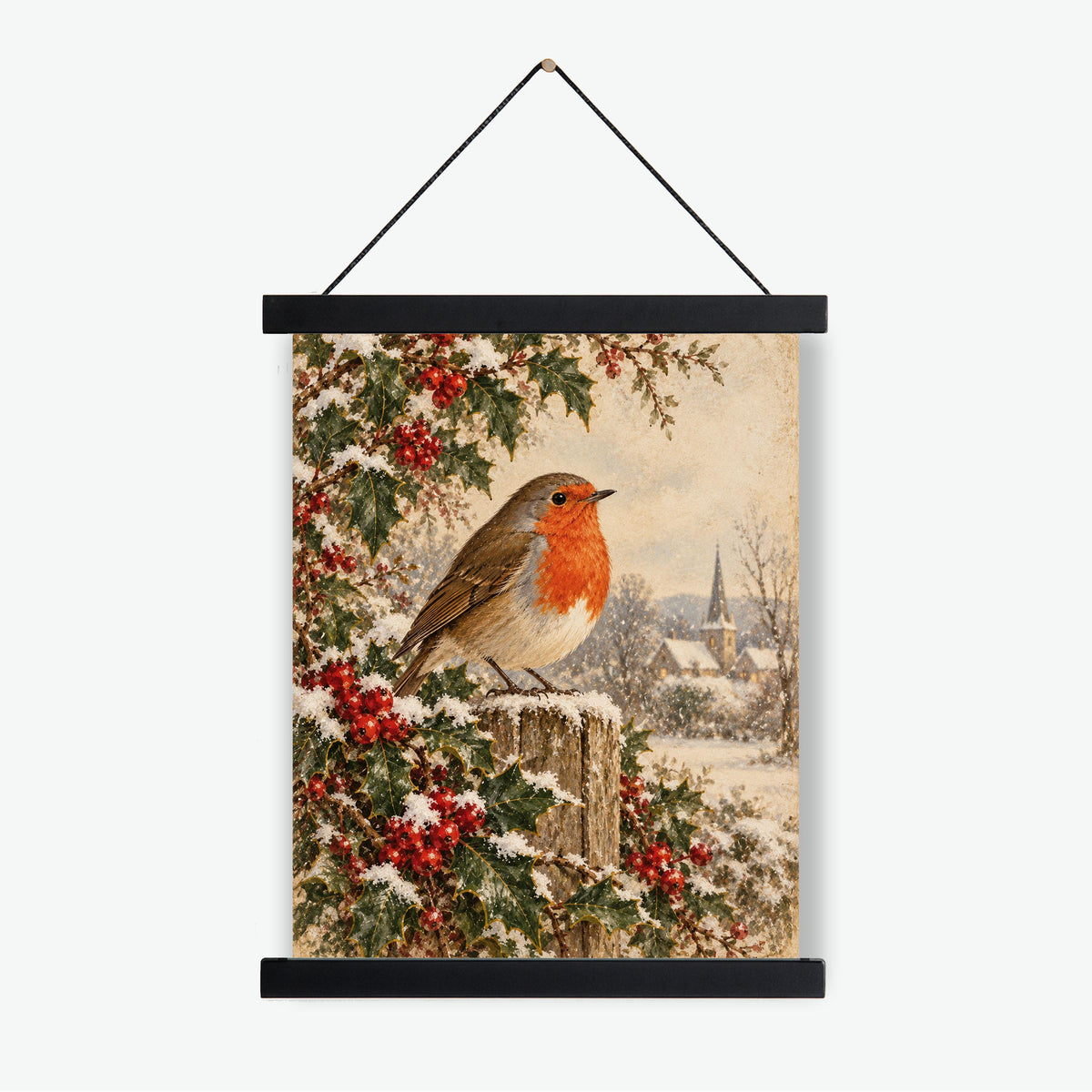 Christmas Robin Art Print, Vintage Christmas Bird Wall, Winter Holly and Berries, Landscape, Holiday Home Decor
